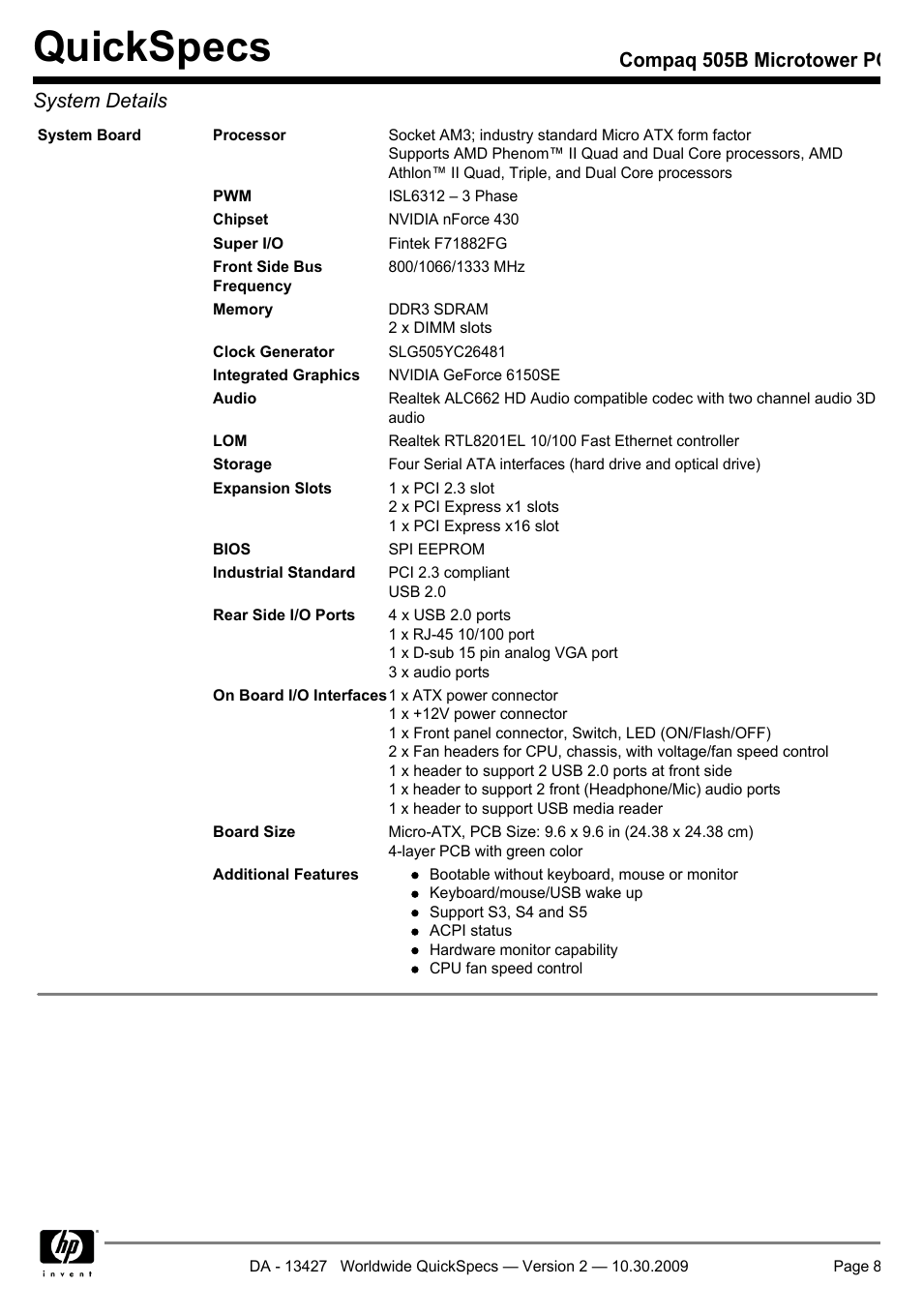 Quickspecs, Compaq 505b microtower pc system details | Compaq 505B User Manual | Page 8 / 32