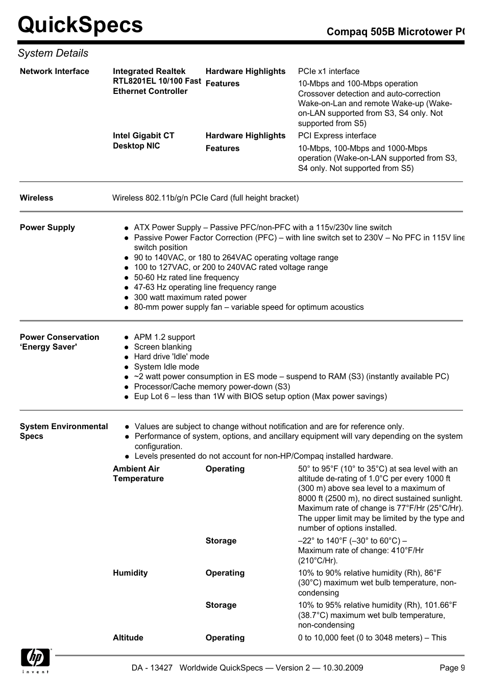 Quickspecs, Compaq 505b microtower pc system details | Compaq 505B User Manual | Page 9 / 32