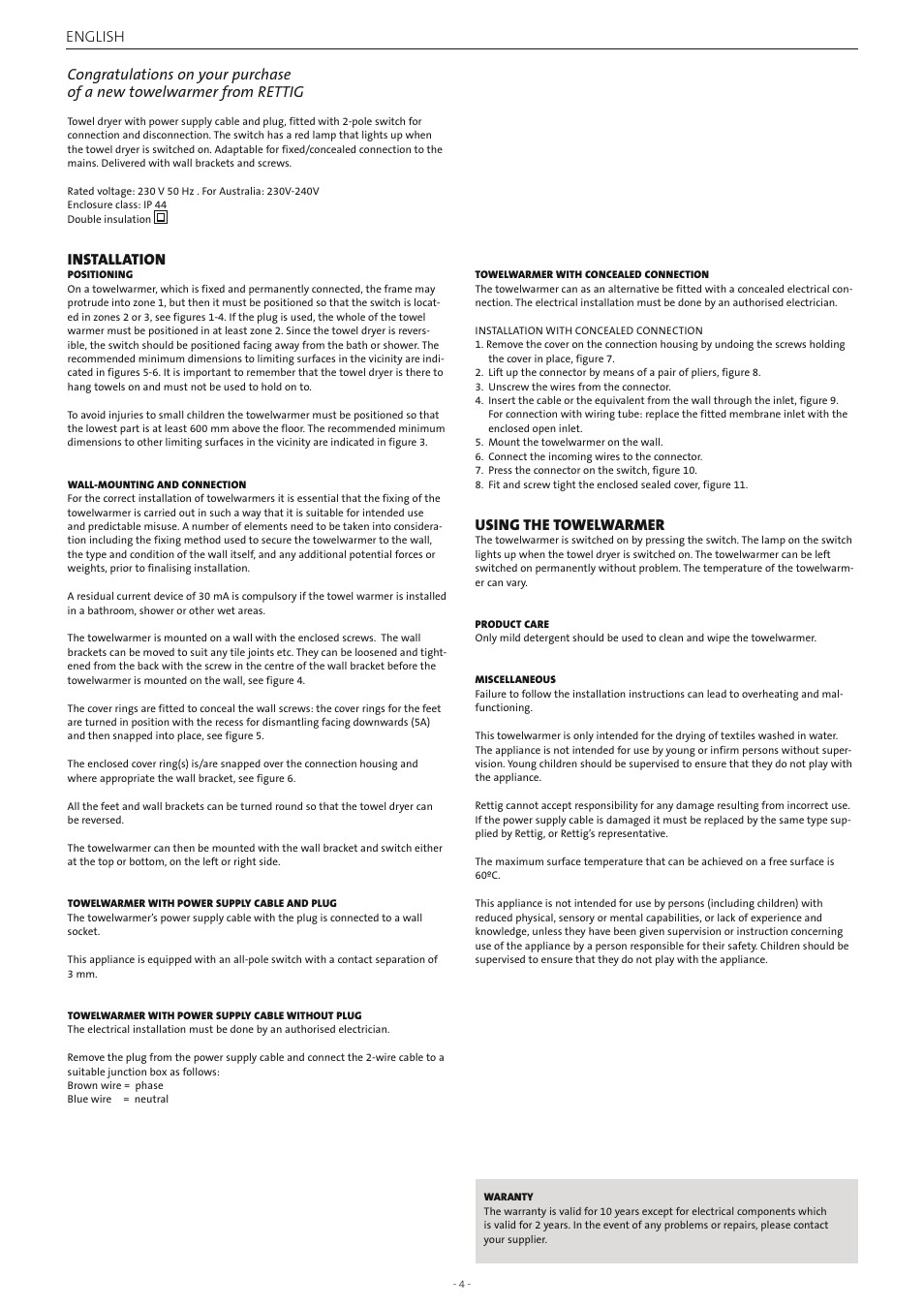Installation, English, Using the towelwarmer | Radson Athena E User Manual | Page 4 / 10