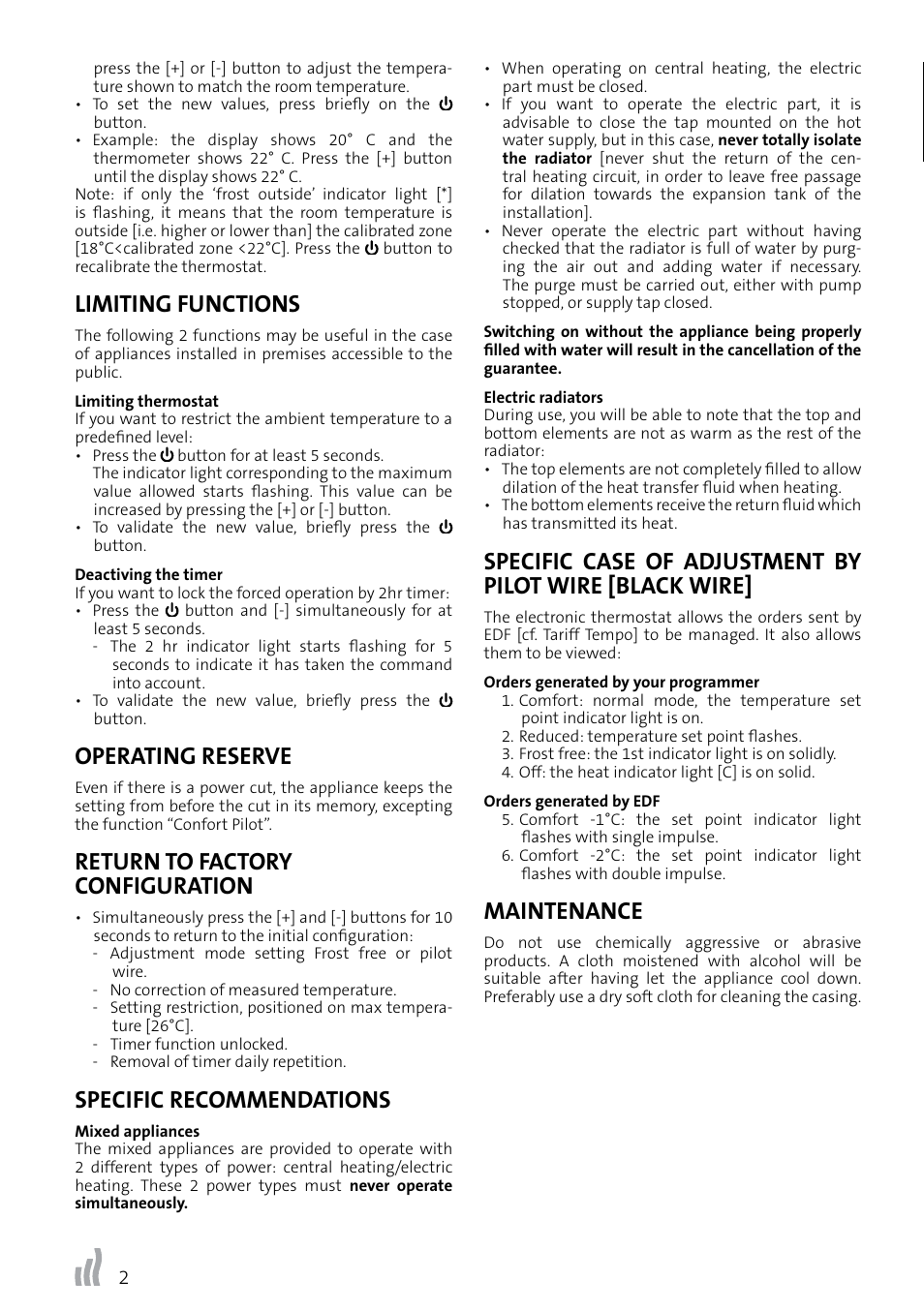 Limiting functions, Operating reserve, Return to factory configuration | Specific recommendations, Maintenance | Radson Confort Pilot User Manual | Page 2 / 8