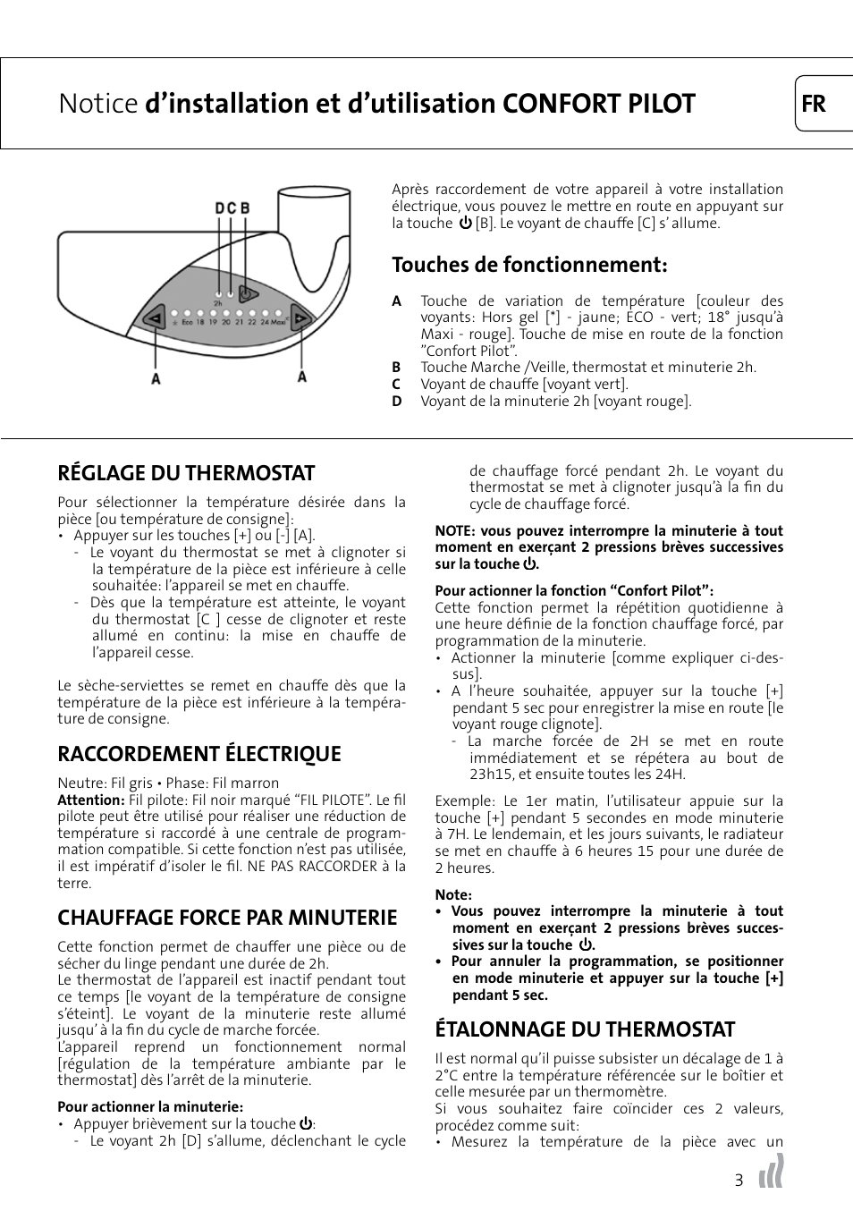 Réglage du thermostat, Raccordement électrique, Chauffage force par minuterie | Étalonnage du thermostat, Touches de fonctionnement | Radson Confort Pilot User Manual | Page 3 / 8