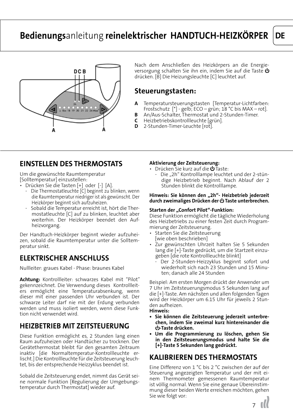 Steuerungstasten, Einstellen des thermostats, Elektrischer anschluss | Heizbetrieb mit zeitsteuerung, Kalibrieren des thermostats | Radson Confort Pilot User Manual | Page 7 / 8