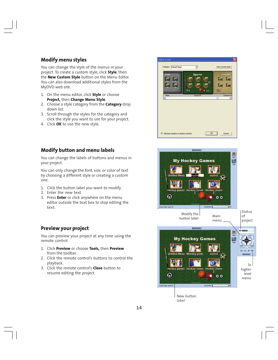 Modify menu styles, Modify button and menu labels, Preview your project | Compaq Presario MyMovieSTUDIO User Manual | Page 14 / 16