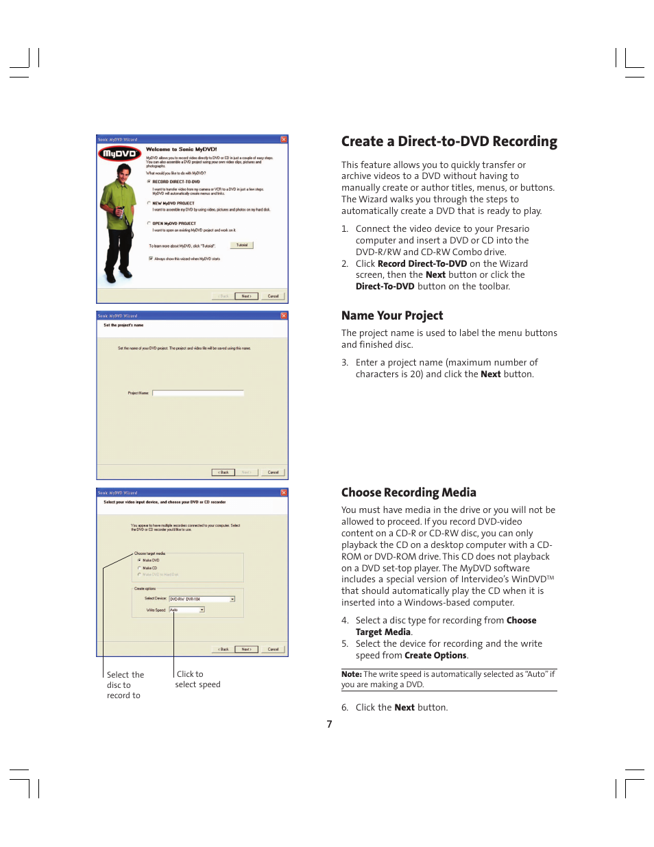 Create a direct-to-dvd recording, Name your project, Choose recording media | Compaq Presario MyMovieSTUDIO User Manual | Page 7 / 16