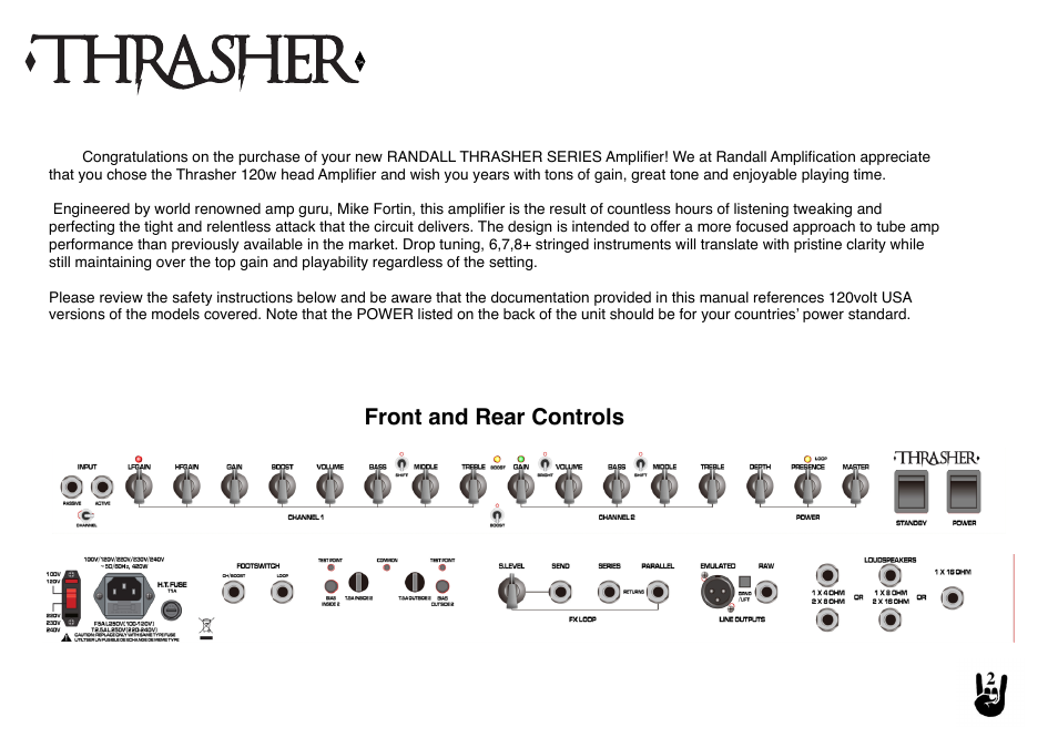 Front and rear controls | Randall Amplifiers THRASHER 50 User Manual | Page 2 / 7