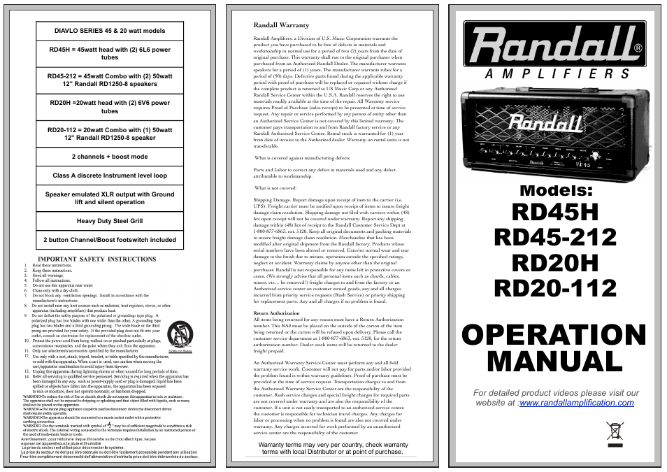 Randall Amplifiers RD20-112 User Manual | 2 pages