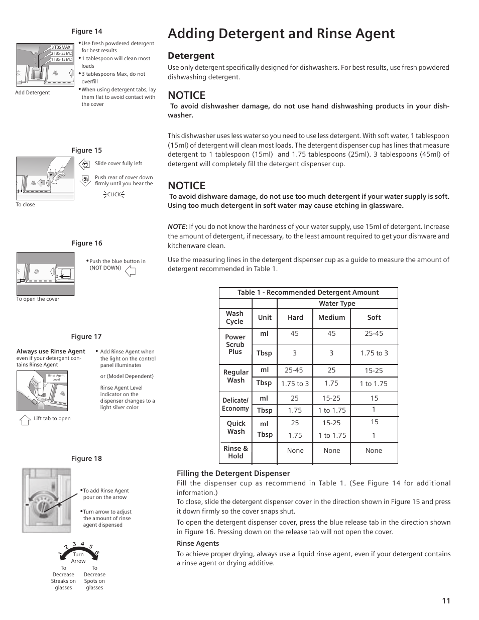 Adding detergent and rinse agent, Notice, Detergent | Bosch SHE55C User Manual | Page 11 / 64