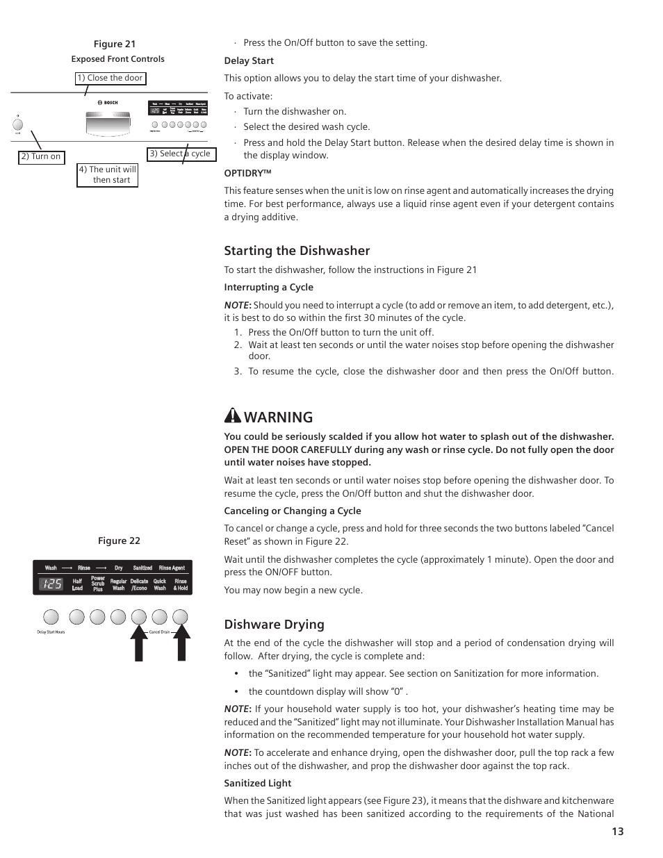 Warning, Starting the dishwasher, Dishware drying | Bosch SHE55C User Manual | Page 13 / 64