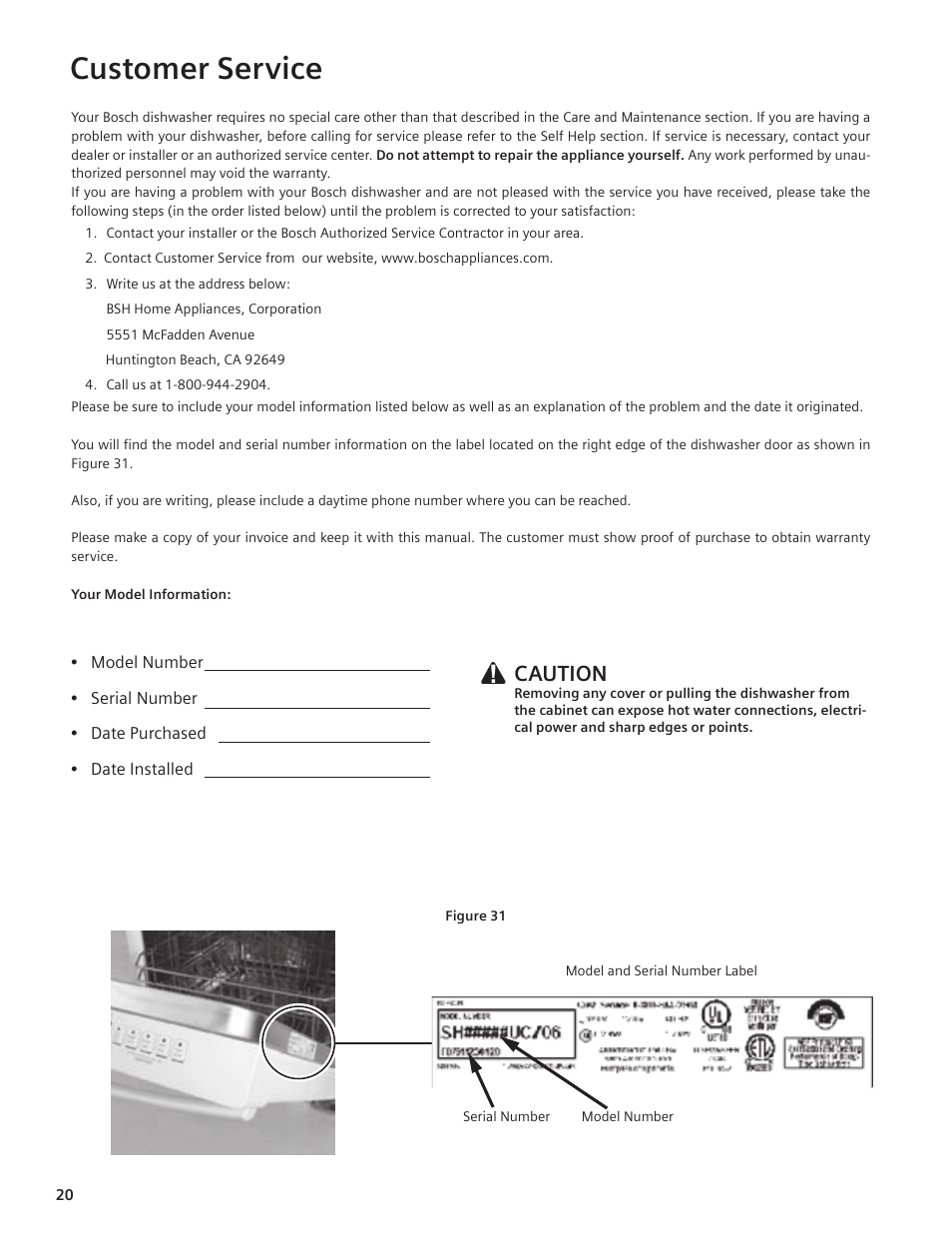 Customer service, Caution | Bosch SHE55C User Manual | Page 20 / 64