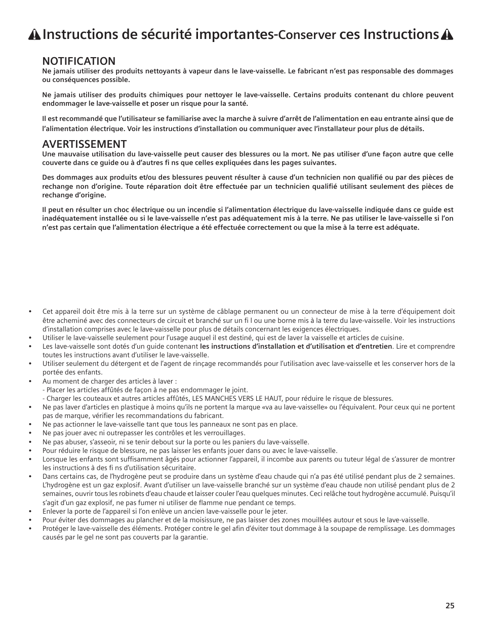 Instructions de sécurité importantes, Ces instructions, Conserver | Notification, Avertissement | Bosch SHE55C User Manual | Page 25 / 64