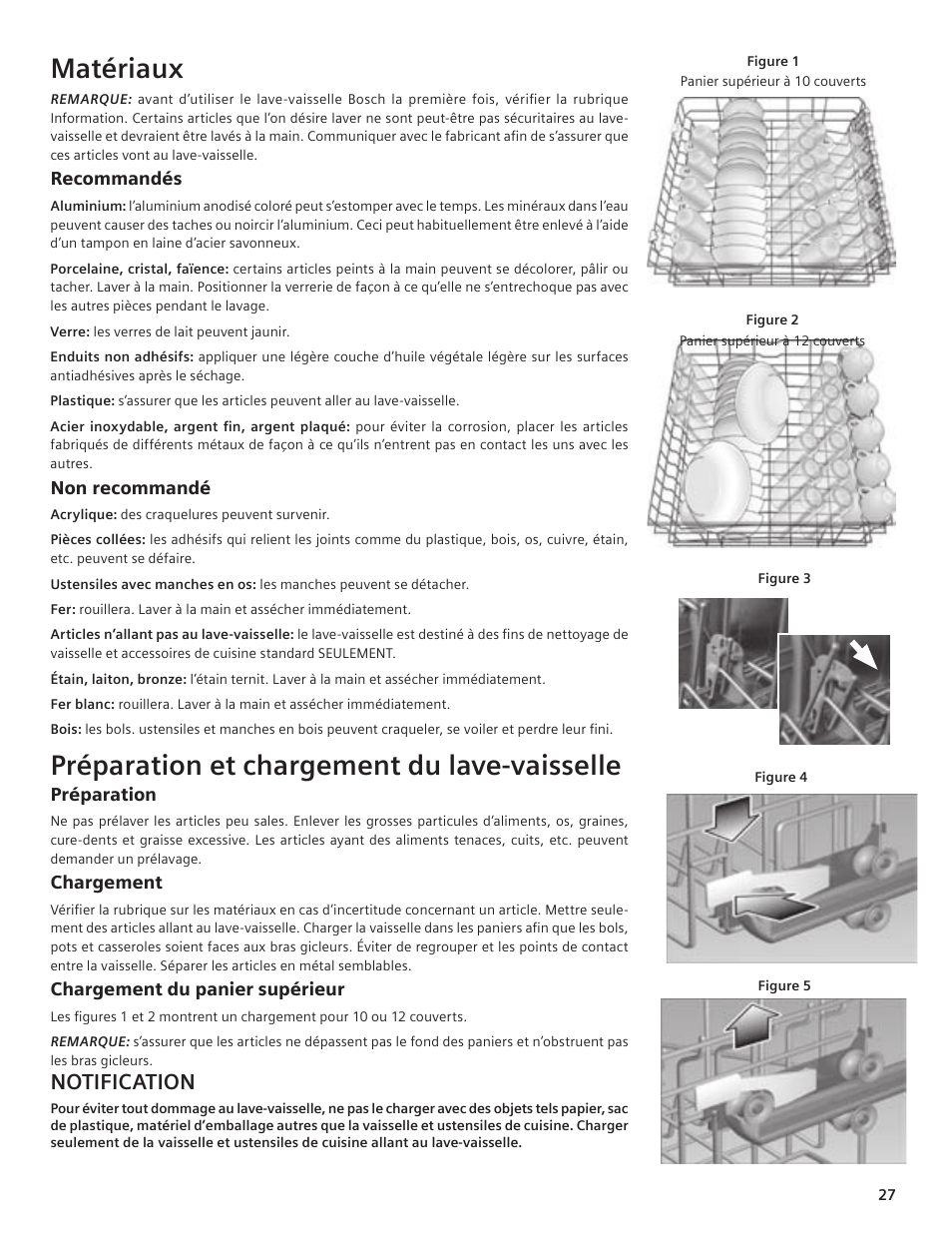 Matériaux, Préparation et chargement du lave-vaisselle, Notification | Bosch SHE55C User Manual | Page 27 / 64