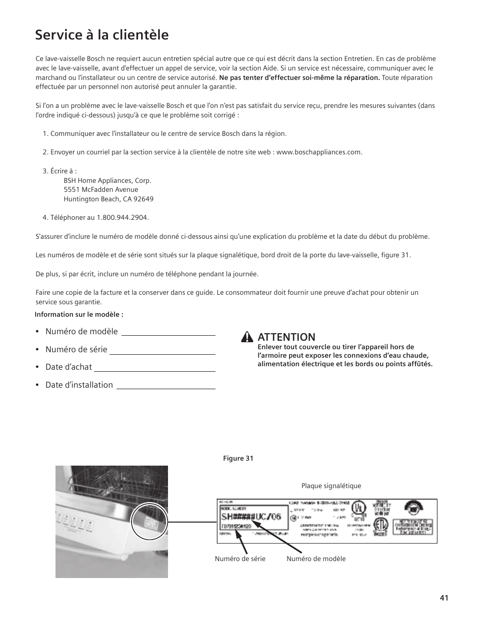 Service à la clientèle, Attention | Bosch SHE55C User Manual | Page 41 / 64