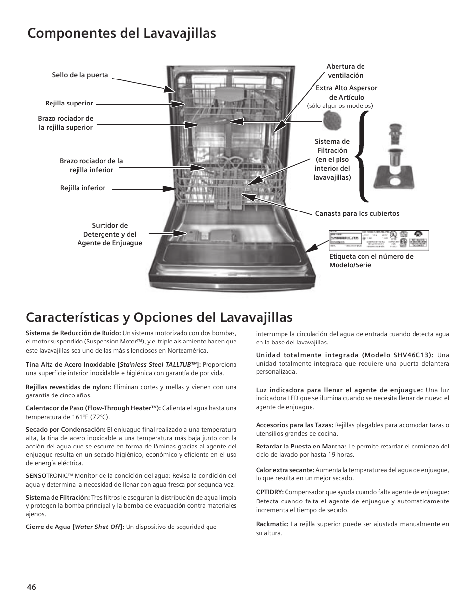 Componentes del lavavajillas, Características y opciones del lavavajillas | Bosch SHE55C User Manual | Page 46 / 64