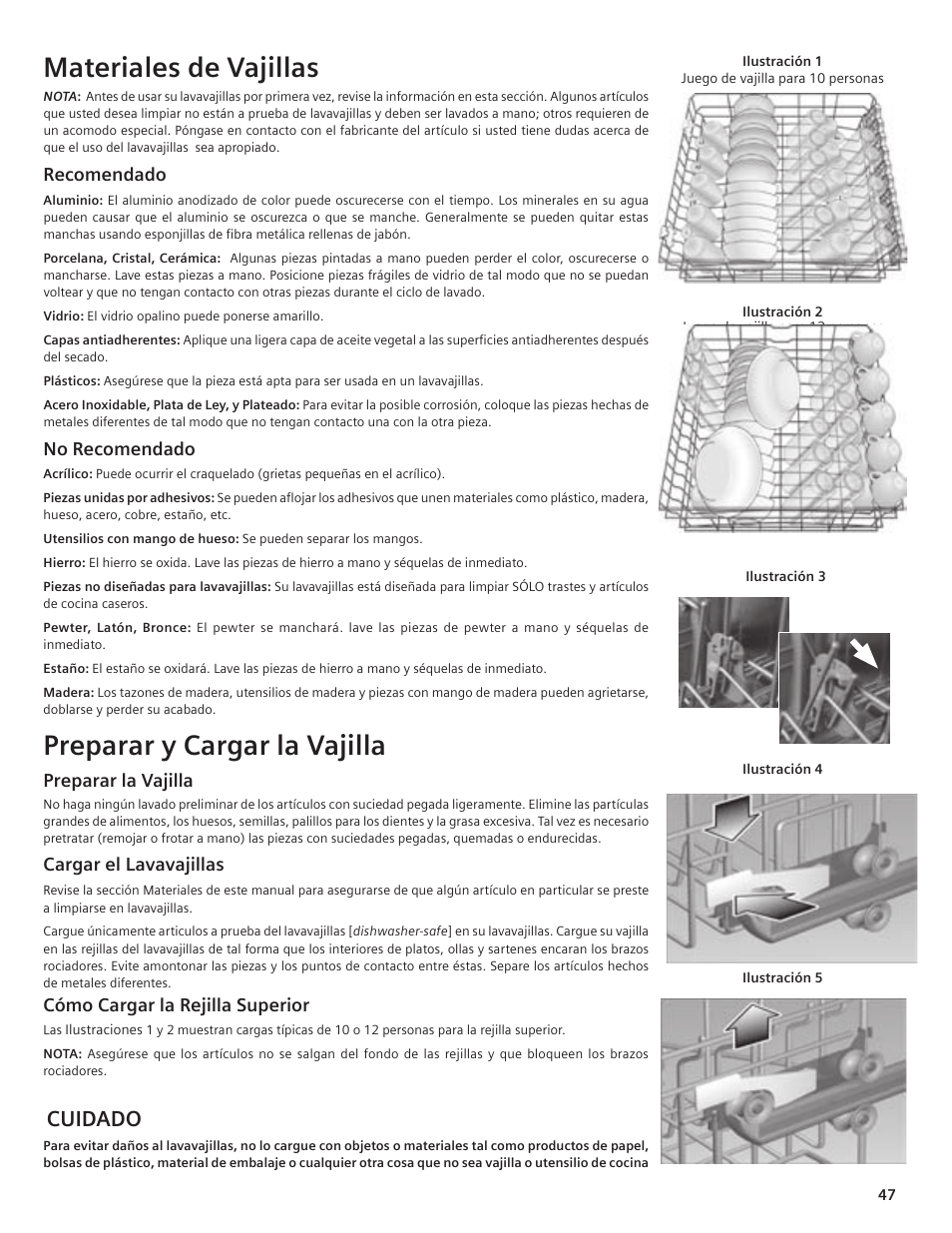 Materiales de vajillas, Preparar y cargar la vajilla, Cuidado | Bosch SHE55C User Manual | Page 47 / 64