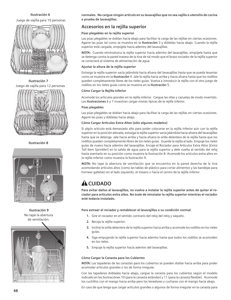 Cuidado, Accesorios en la rejilla superior | Bosch SHE55C User Manual | Page 48 / 64