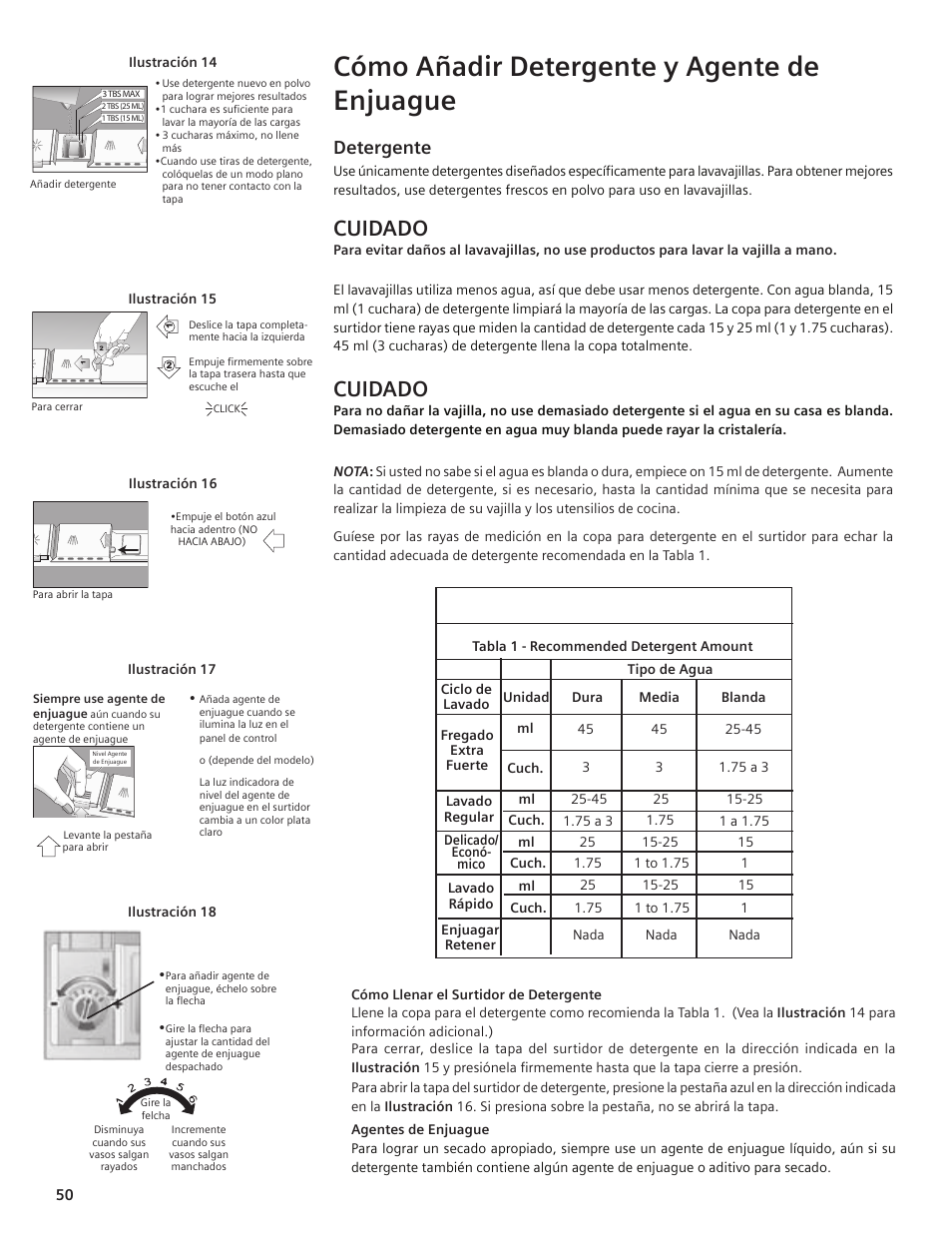 Cómo añadir detergente y agente de enjuague, Cuidado, Detergente | Bosch SHE55C User Manual | Page 50 / 64