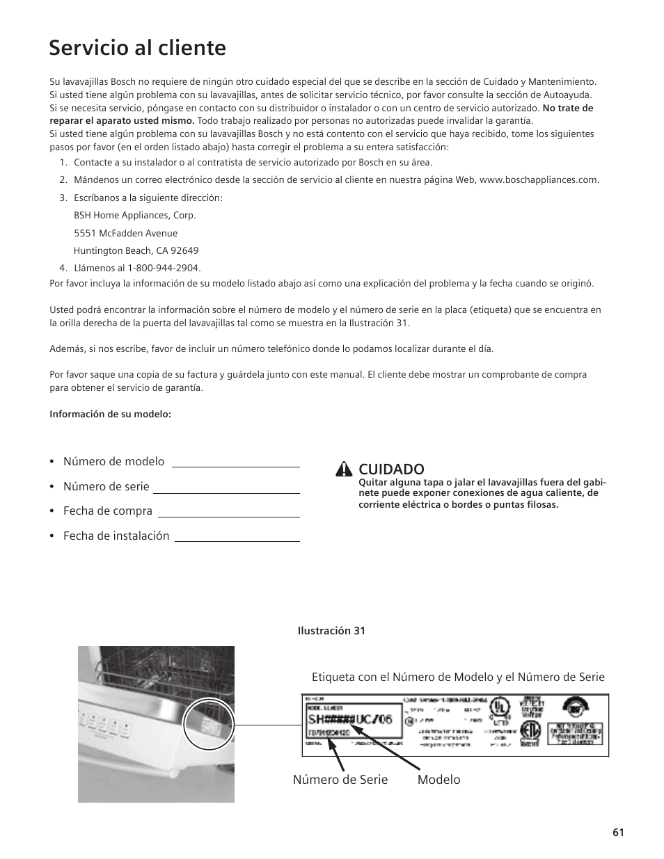 Servicio al cliente, Cuidado | Bosch SHE55C User Manual | Page 61 / 64