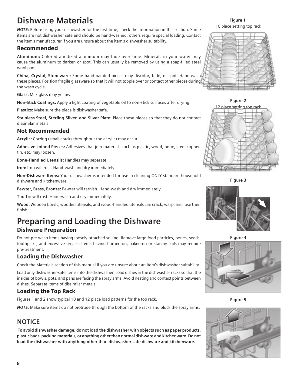 Dishware materials, Preparing and loading the dishware, Notice | Bosch SHE55C User Manual | Page 8 / 64