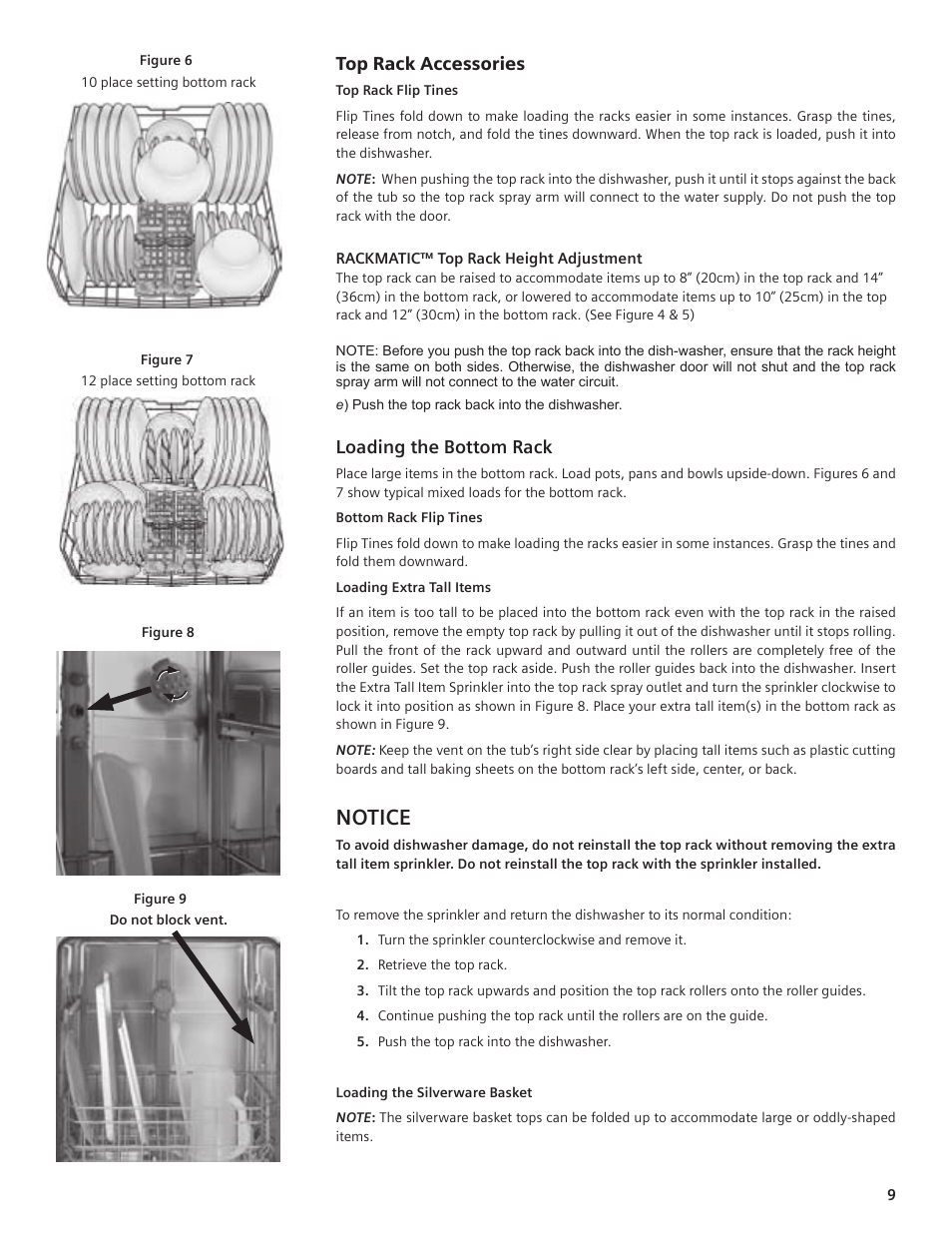 Notice, Top rack accessories, Loading the bottom rack | Bosch SHE55C User Manual | Page 9 / 64