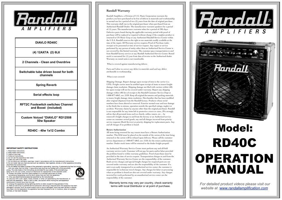 Randall Amplifiers RD40C User Manual | 2 pages