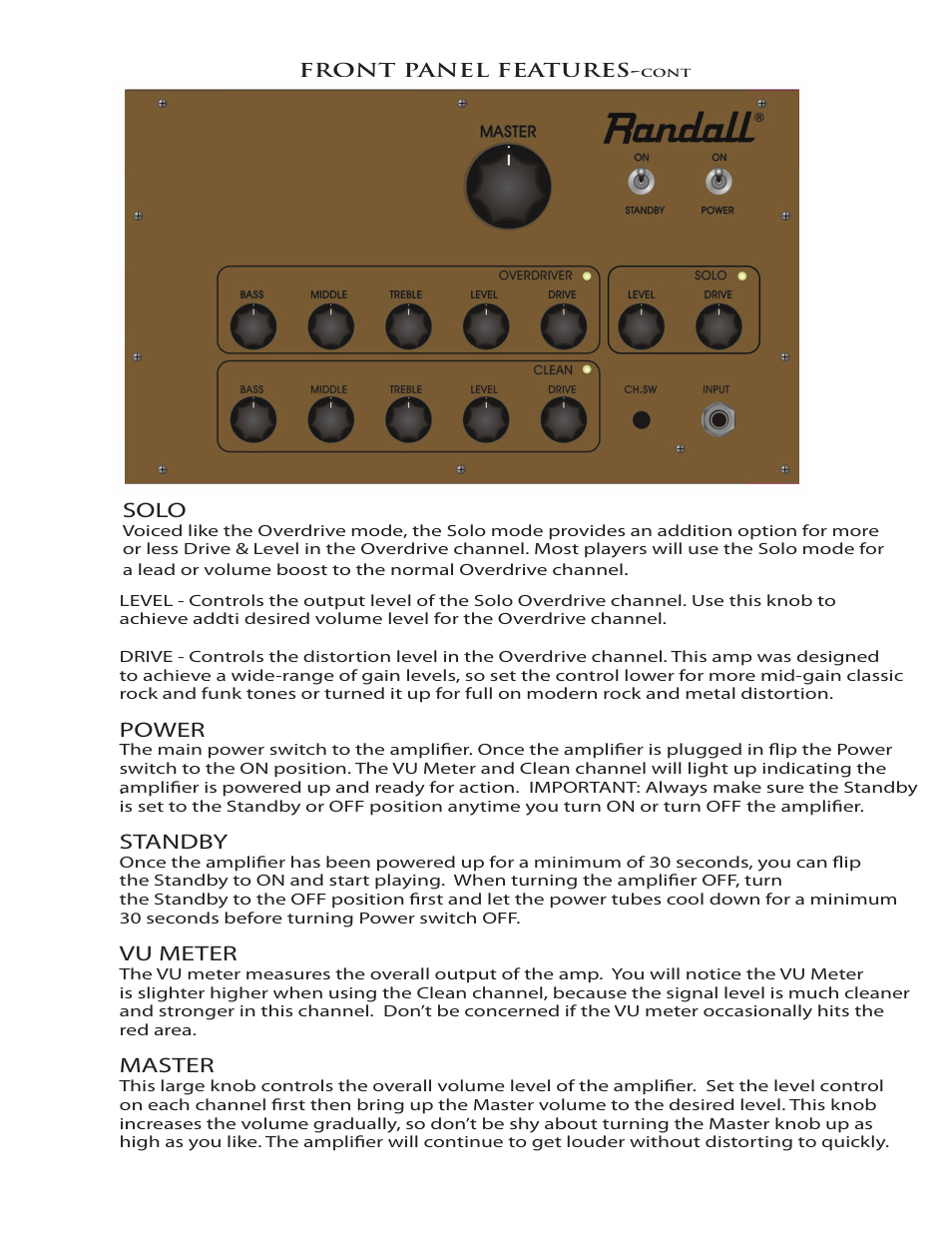 Nbking100_pg4dh, Solo, Power | Standby, Vu meter, Master | Randall Amplifiers NB KING100 User Manual | Page 5 / 7