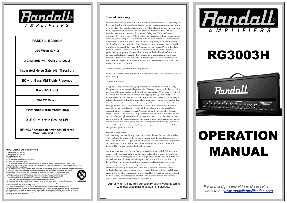 Randall Amplifiers RG3003H User Manual | 2 pages