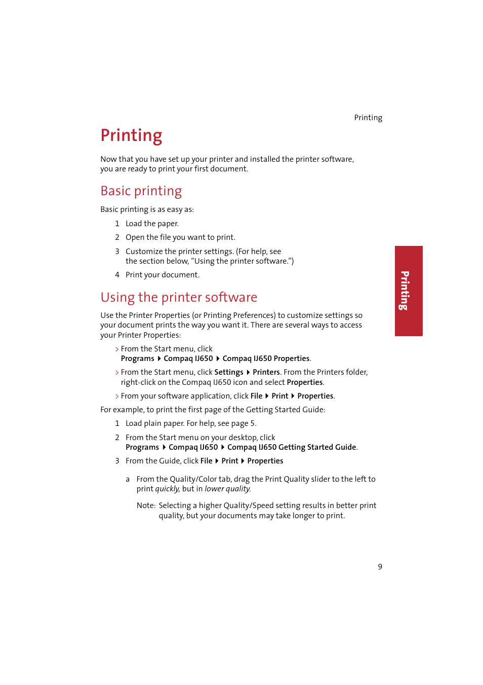 Printing, Basic printing, Using the printer software | Pr in ti n g | Compaq IJ650 User Manual | Page 12 / 26