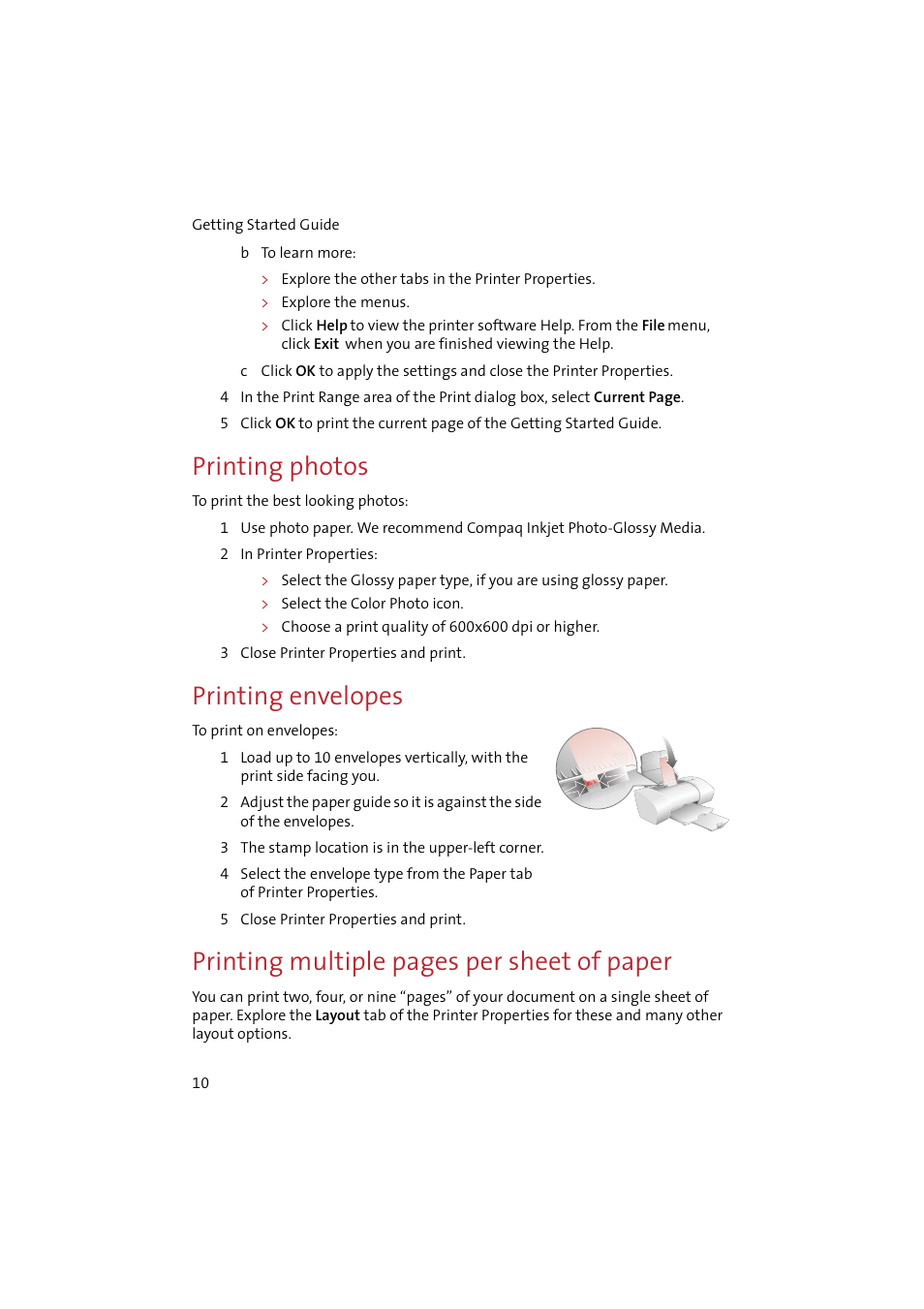 Printing photos, Printing envelopes, Printing multiple pages per sheet of paper | Compaq IJ650 User Manual | Page 13 / 26