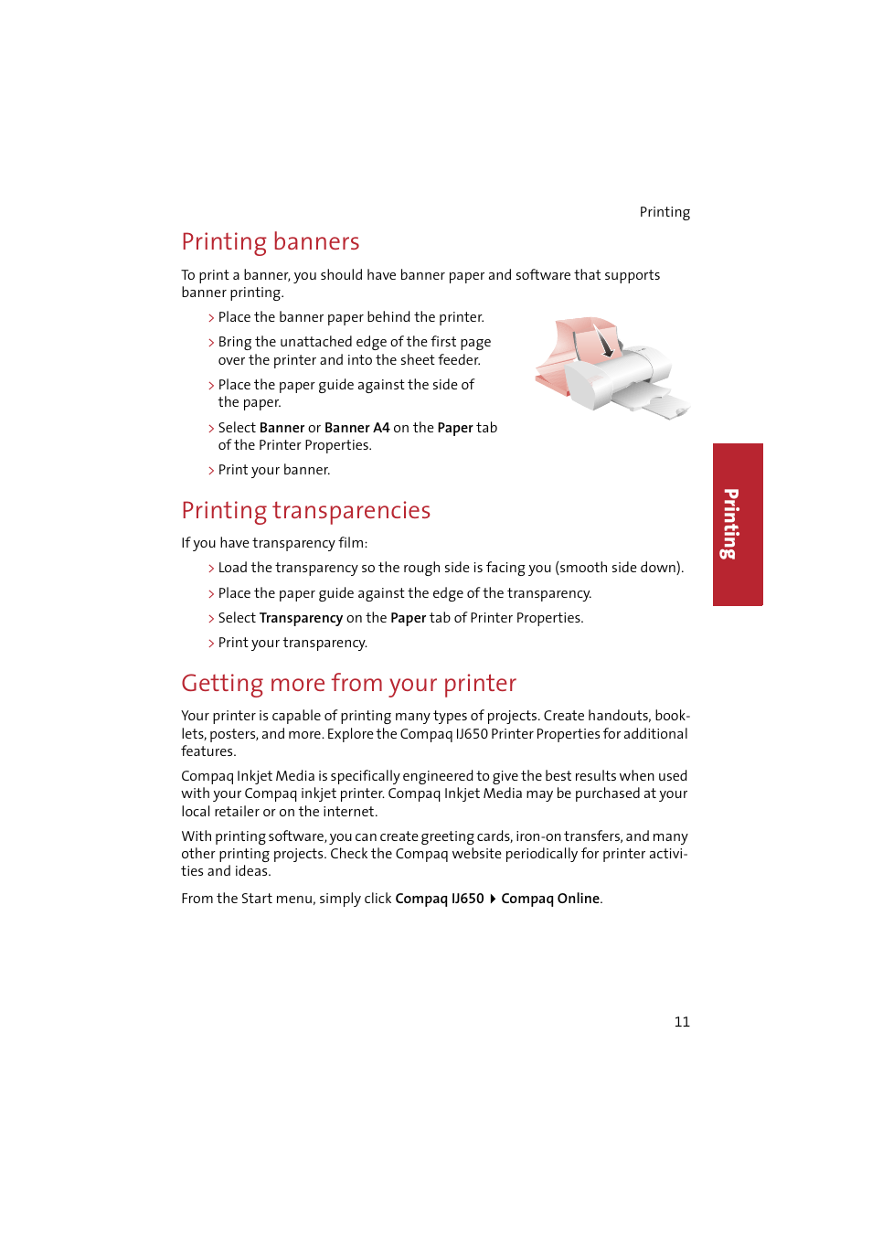 Printing banners, Printing transparencies, Getting more from your printer | Pr in ti n g | Compaq IJ650 User Manual | Page 14 / 26