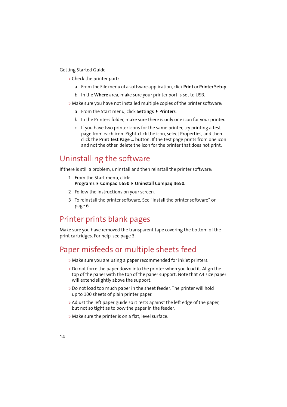 Uninstalling the software, Paper misfeeds or multiple sheets feed, Printer prints blank pages | Compaq IJ650 User Manual | Page 17 / 26