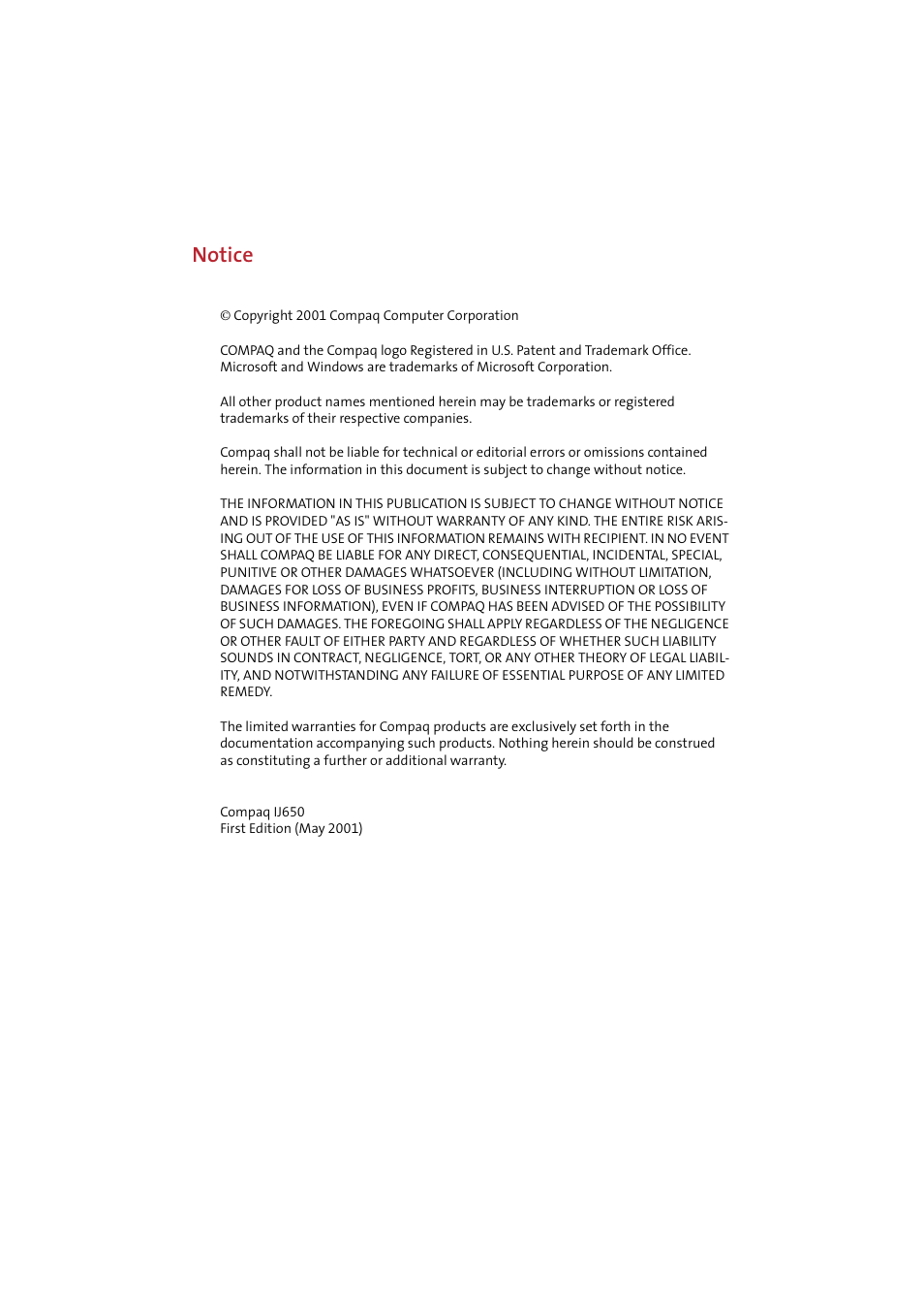 Notice | Compaq IJ650 User Manual | Page 2 / 26