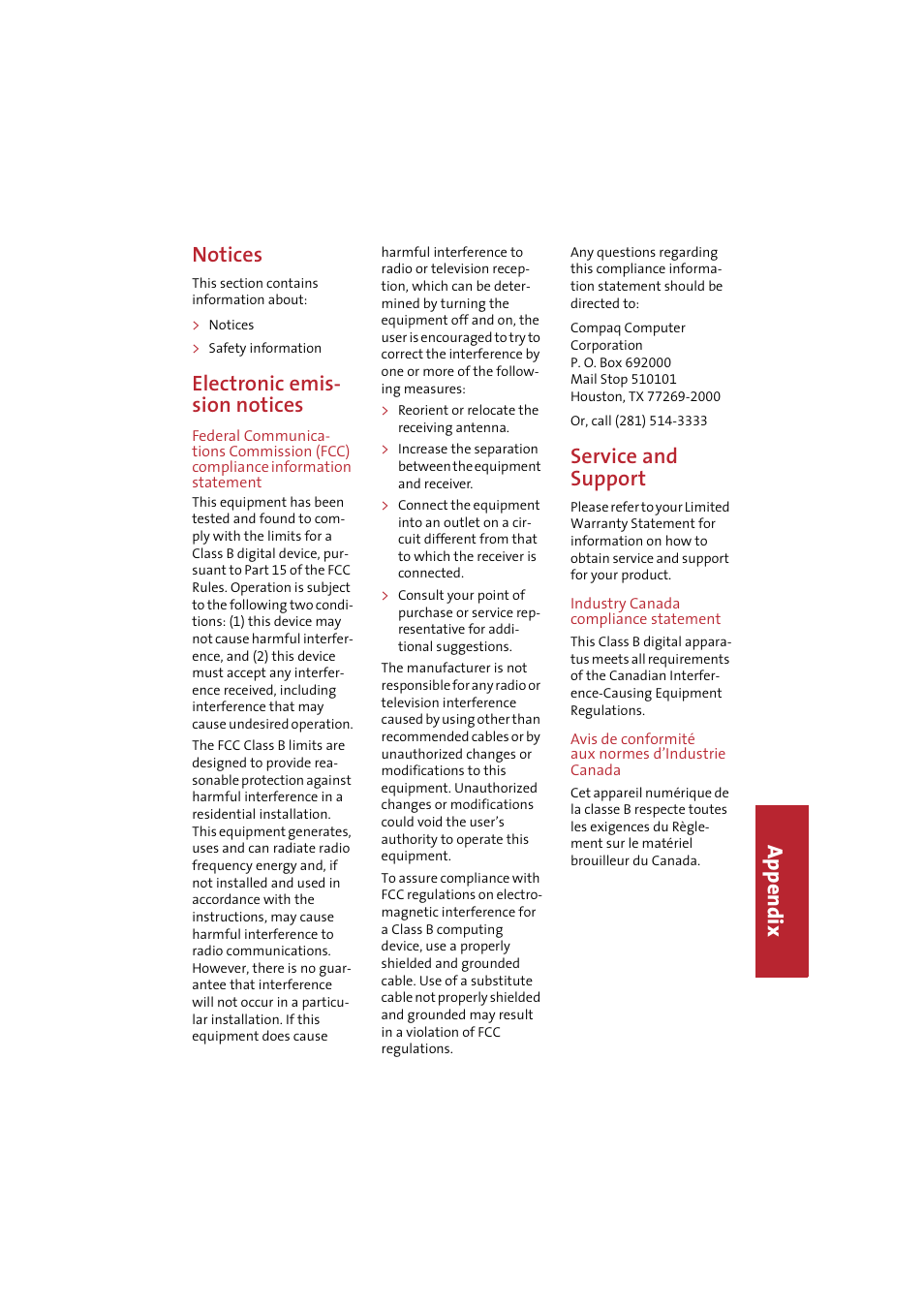 Notices, Electronic emission notices, Service and support | Industry canada compliance statement, Avis de conformité auxnormes d’industrie canada, App e ndix notices, Electronic emis- sion notices, Service and support | Compaq IJ650 User Manual | Page 24 / 26