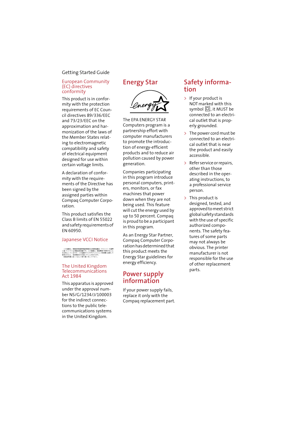 European community (ec) directives conformity, Japanese vcci notice, The united kingdom telecommunications act 1984 | Energy star, Power supply information, Safety information, Safety informa- tion | Compaq IJ650 User Manual | Page 25 / 26