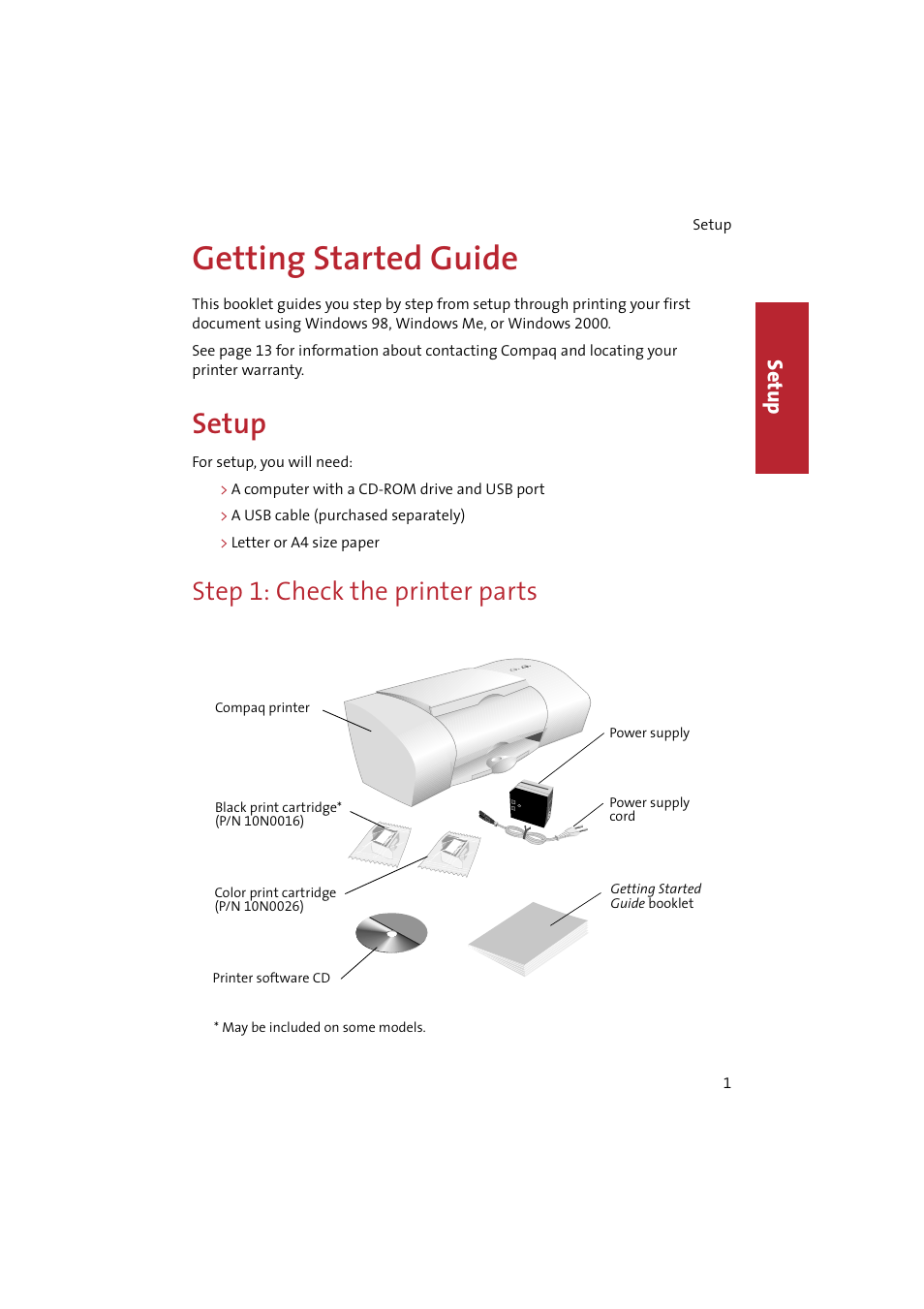 Getting started guide, Setup, Step1: check the printer parts | Step 1: check the printer parts, Se tup | Compaq IJ650 User Manual | Page 4 / 26