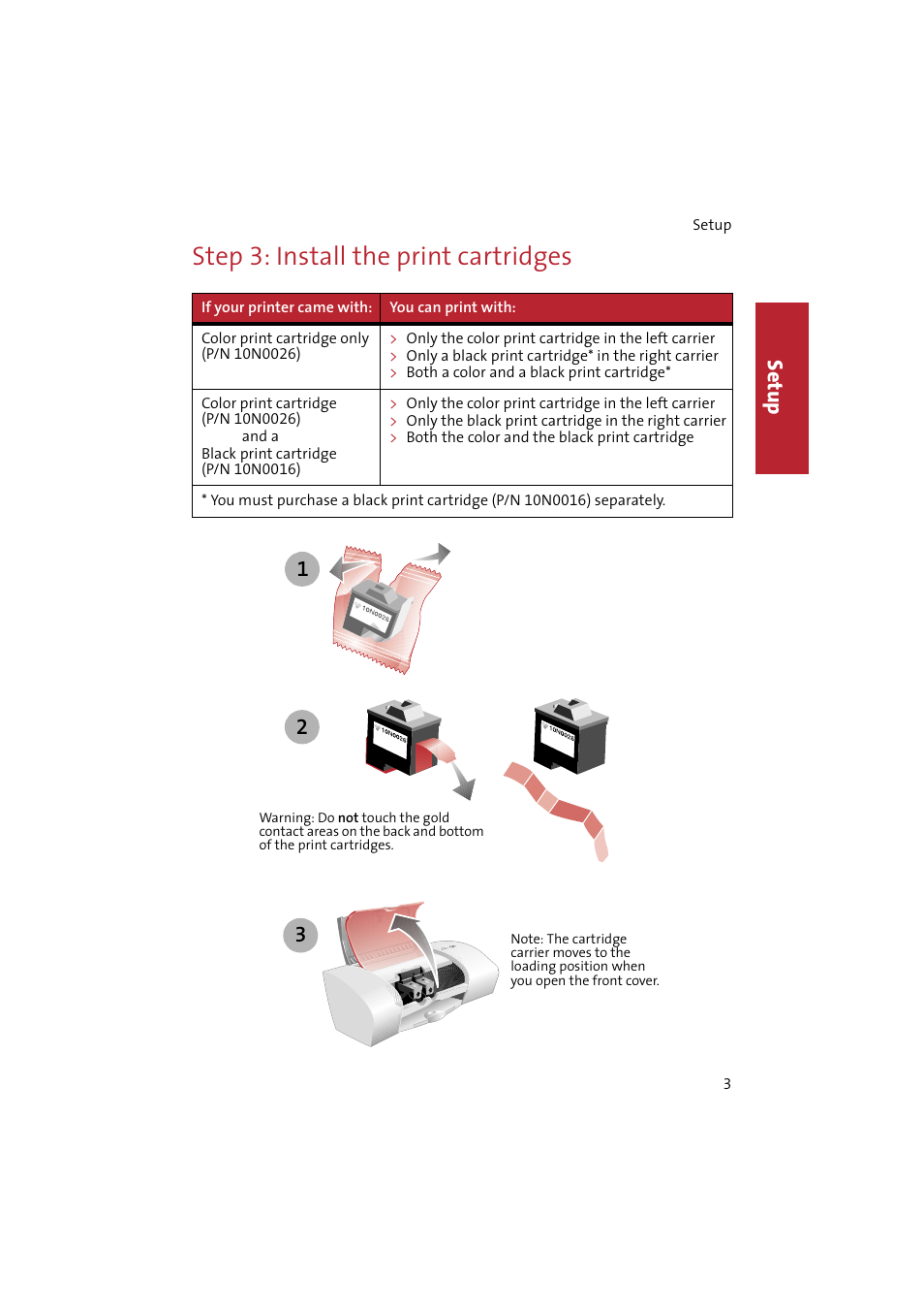 Step3: install the print cartridges, Step 3: install the print cartridges, Se tup | Compaq IJ650 User Manual | Page 6 / 26