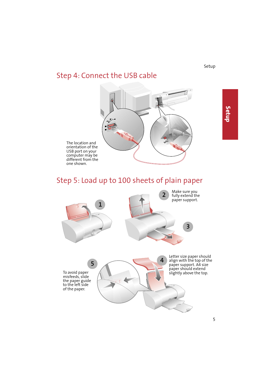 Step4: connect the usb cable, Step5: load up to 100 sheets of plain paper | Compaq IJ650 User Manual | Page 8 / 26