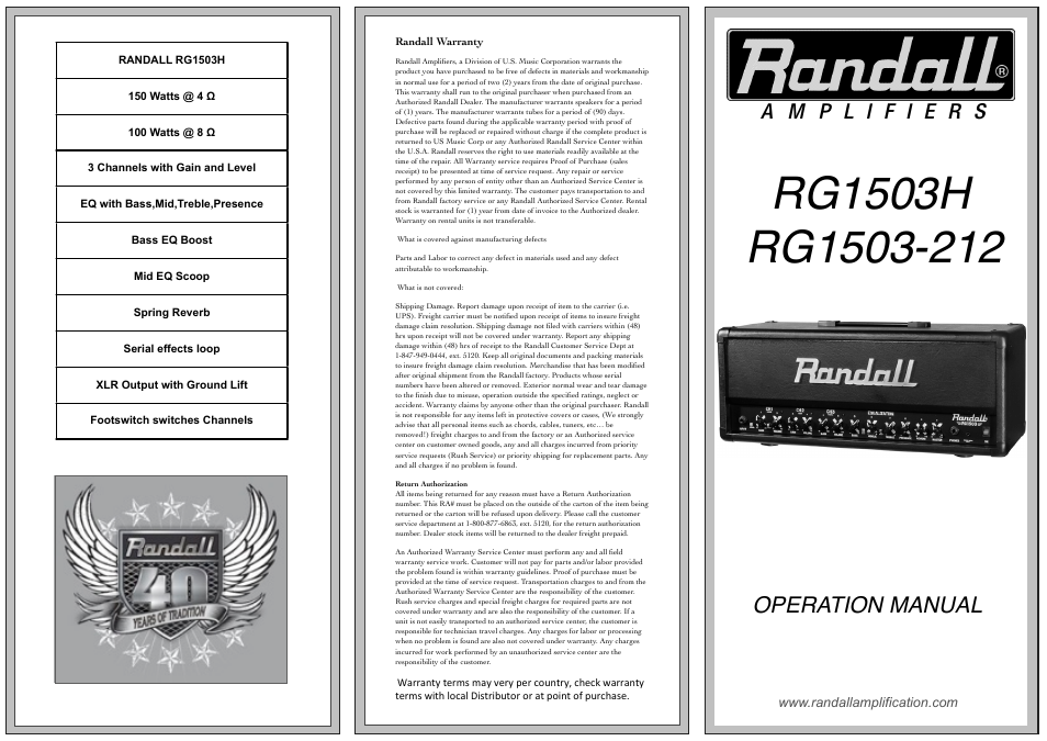 Randall Amplifiers RG1503H User Manual | 2 pages