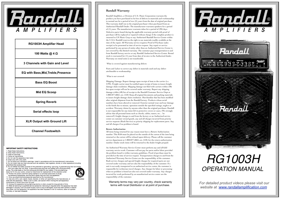 Randall Amplifiers RG1003H User Manual | 2 pages