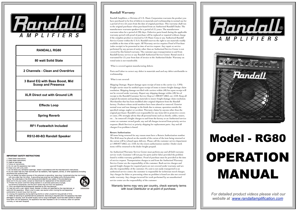 Randall Amplifiers RG80 User Manual | 2 pages