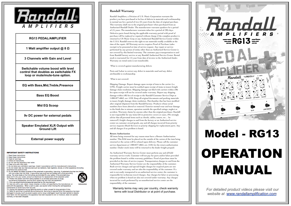 Randall Amplifiers RG13 User Manual | 2 pages