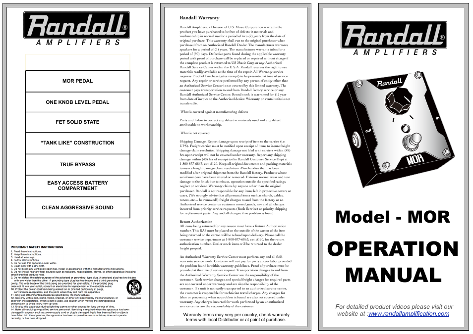 Randall Amplifiers MOR User Manual | 2 pages