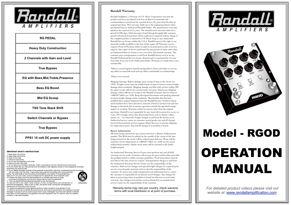 Randall Amplifiers RGOD User Manual | 2 pages