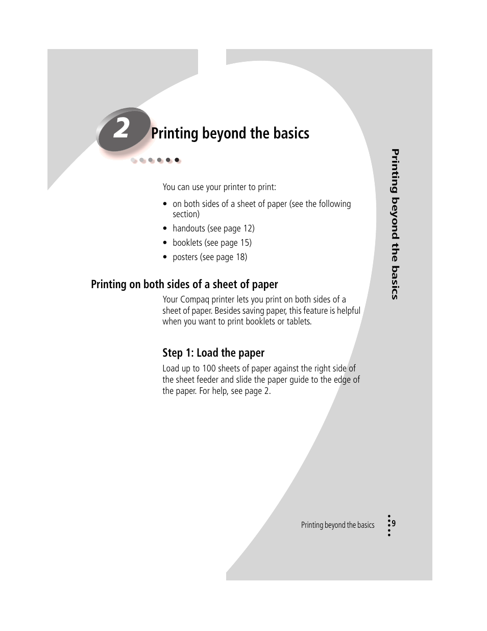 Printing beyond the basics, Printing on both sides of a sheet of paper, Printing beyond the basics 9 | Printing on both sides of a sheet of paper 9 | Compaq IJ1200 User Manual | Page 13 / 48