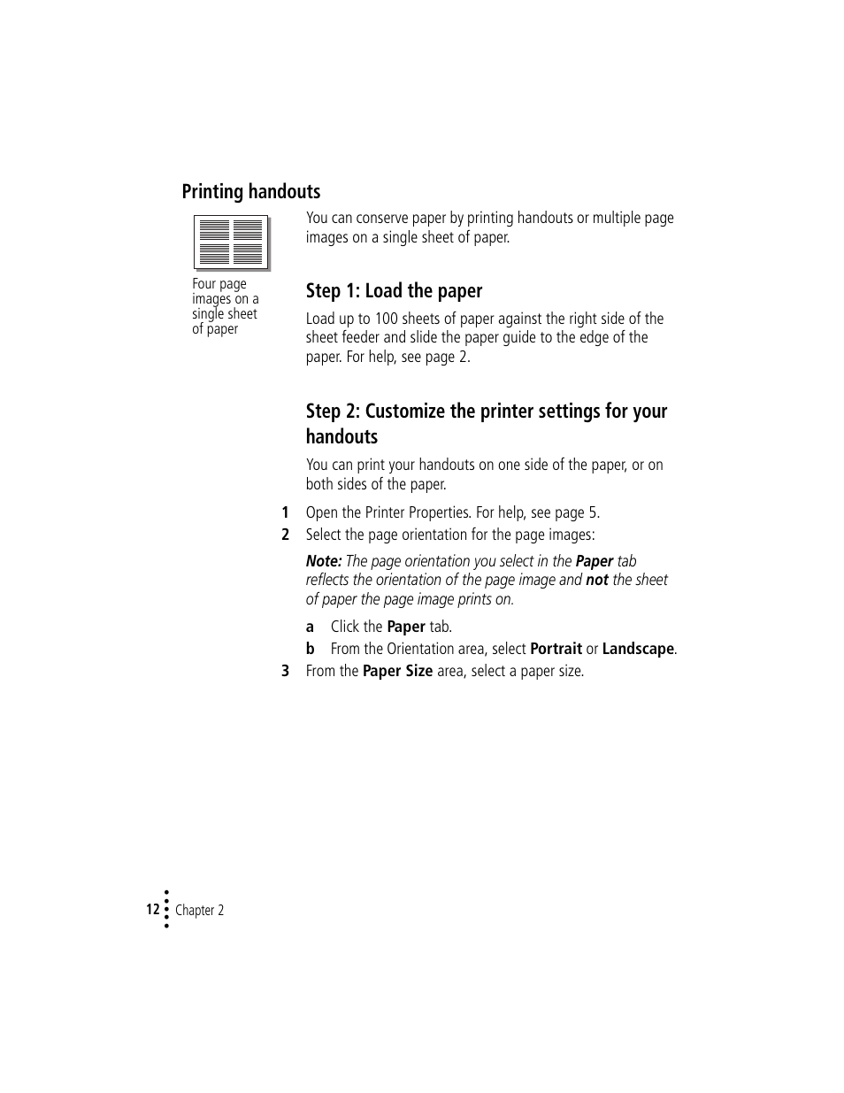 Printing handouts, Printing handouts 12, Step 1: load the paper | Compaq IJ1200 User Manual | Page 16 / 48