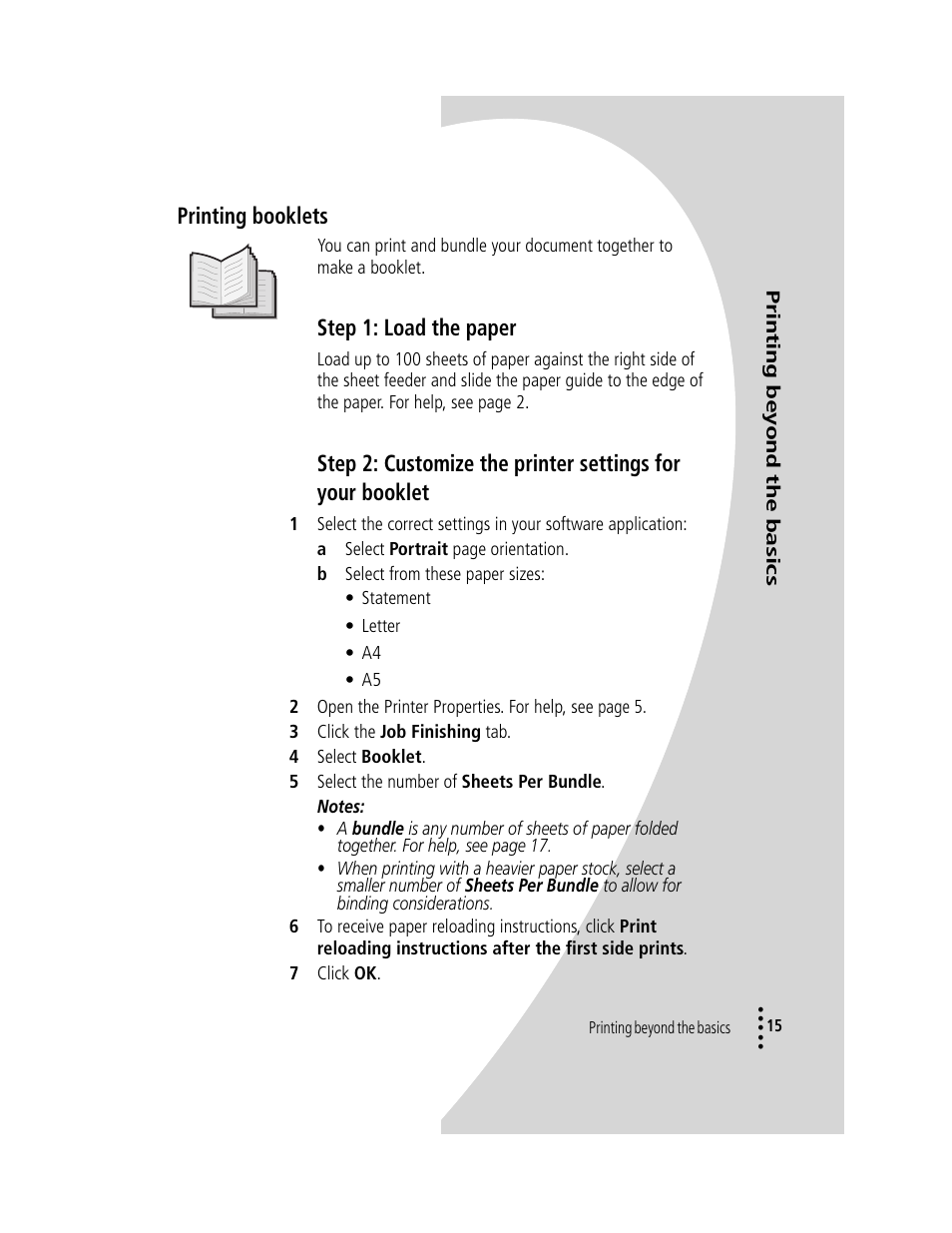 Printing booklets, Printing booklets 15, Step 1: load the paper | Compaq IJ1200 User Manual | Page 19 / 48