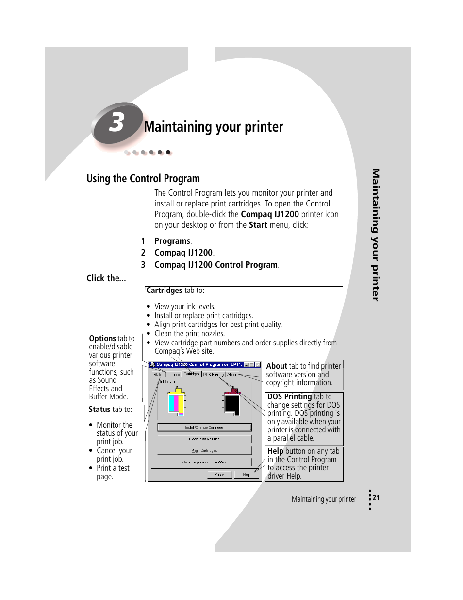 Maintaining your printer, Using the control program, Maintaining your printer 21 | Using the control program 21 | Compaq IJ1200 User Manual | Page 25 / 48