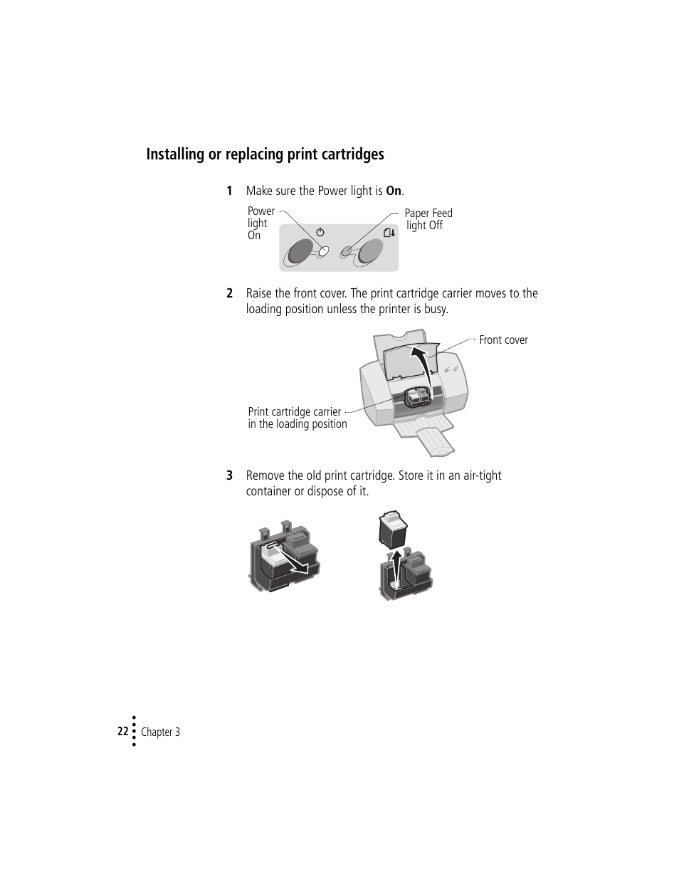 Installing or replacing print cartridges, Installing or replacing print cartridges 22 | Compaq IJ1200 User Manual | Page 26 / 48