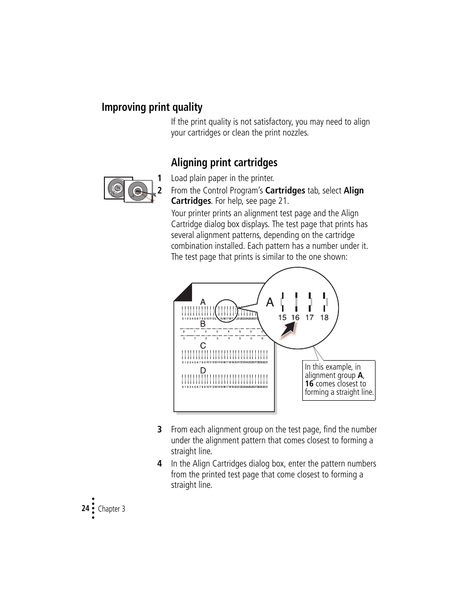 Improving print quality, Improving print quality 24, Aligning print cartridges | Compaq IJ1200 User Manual | Page 28 / 48