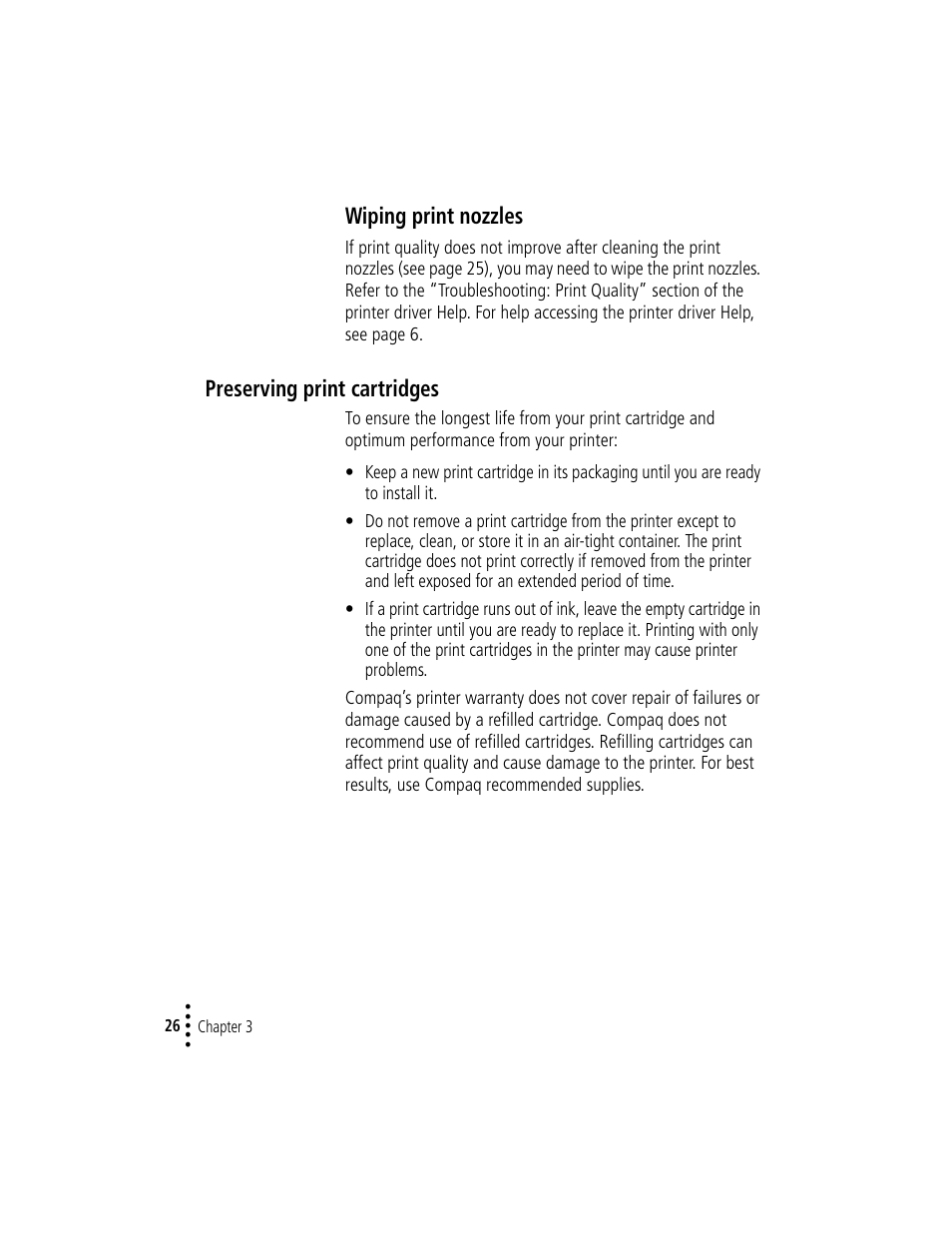 Preserving print cartridges, Preserving print cartridges 26, Wiping print nozzles | Compaq IJ1200 User Manual | Page 30 / 48