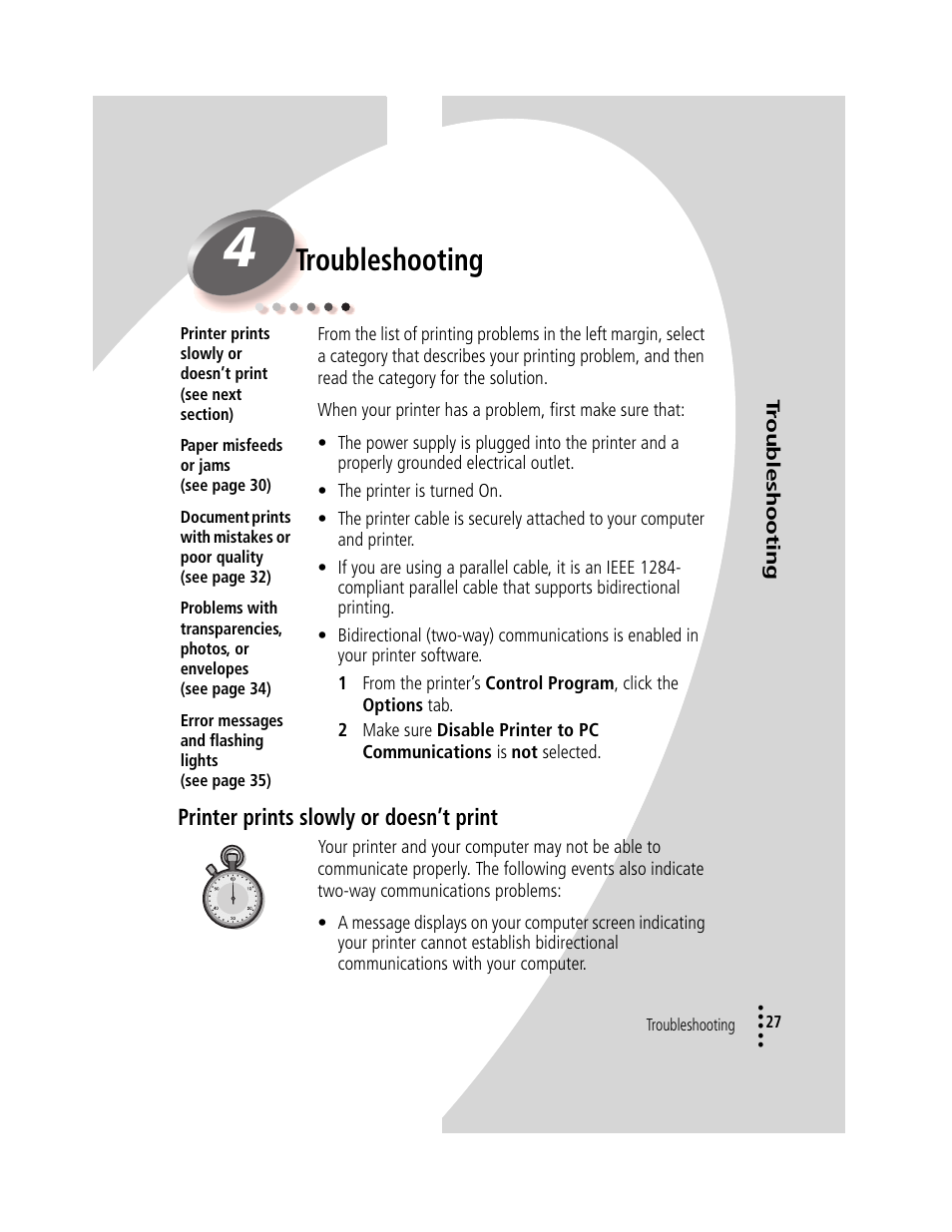 Troubleshooting, Printer prints slowly or doesn’t print, Troubleshooting 27 | Printer prints slowly or doesn’t print 27 | Compaq IJ1200 User Manual | Page 31 / 48